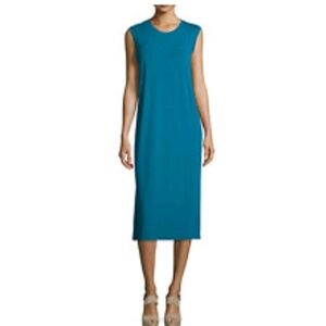 Eileen Fisher Jewel Blue/Green Signature Viscose Jersey Sleeveless Dress L NWT